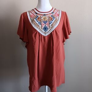 Betseys Boutique Shop Boho Embroidered Rust Top Size Large, Embroidery Hippie